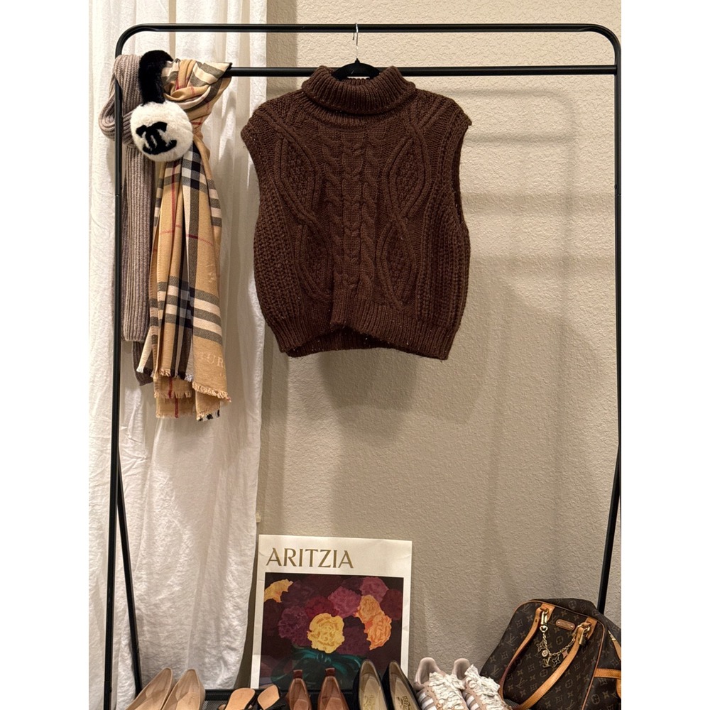 Anthropologie J. by Anthropologie Cable Knit Sweater Vest Brown Turtleneck OS
